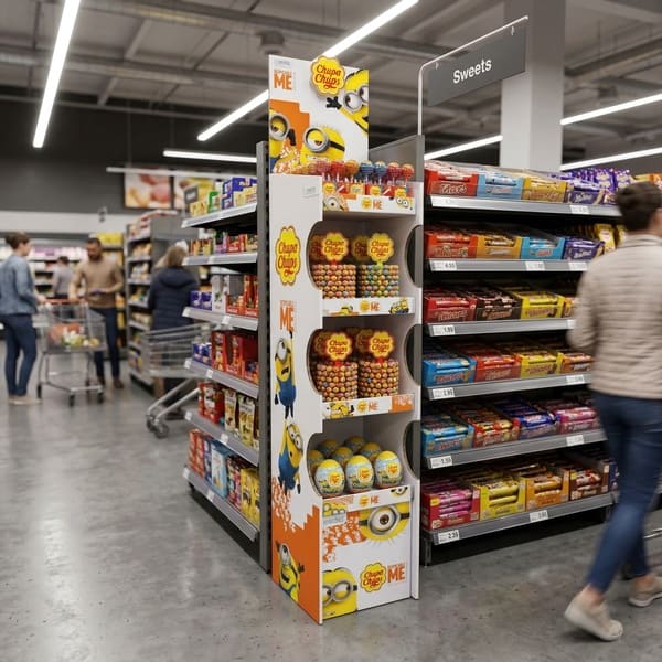 صورة ثلاثية الأبعاد لعرض كرتوني لمنتجات تشوبا تشوبس في أحد متاجر البقالة، وهو مليء بالمصاصات وبيض المفاجآت.