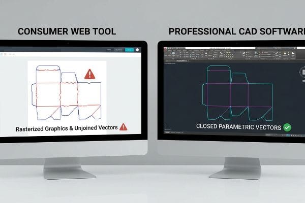 显示器上显示着一个消费者网络工具，该工具显示了一个模切线，其中包含栅格化的图形和未连接的矢量图，并用红色警告三角形突出显示。.