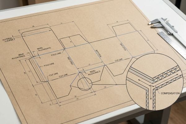 牛皮纸蓝图展示了瓦楞纸包装的模切线，详细标明了材料厚度、折弯余量、折叠线和切割线。放大后的插图显示了折叠处的瓦楞纸板补偿，旁边放有卡尺和尺子。.