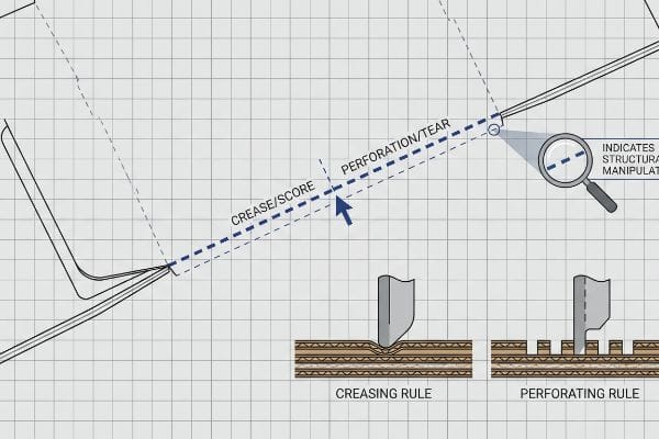 A technical diagram on a light gray grid illustrates corrugated cardboard structural manipulation, featuring a folded board with a blue dashed line for 'Crease/Score' and 'Perforation/Tear', and cross-sections demonstrating a 'Creasing Rule' and 'Perforating Rule' tool.