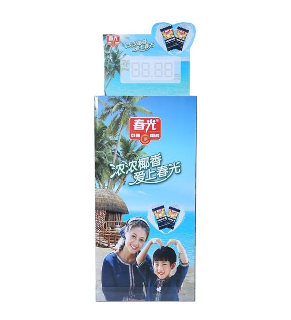 Боковой и передний профиль мусорного контейнера из гофрированного картона, демонстрирующие высококачественную тропическую графику и структурную глубину.