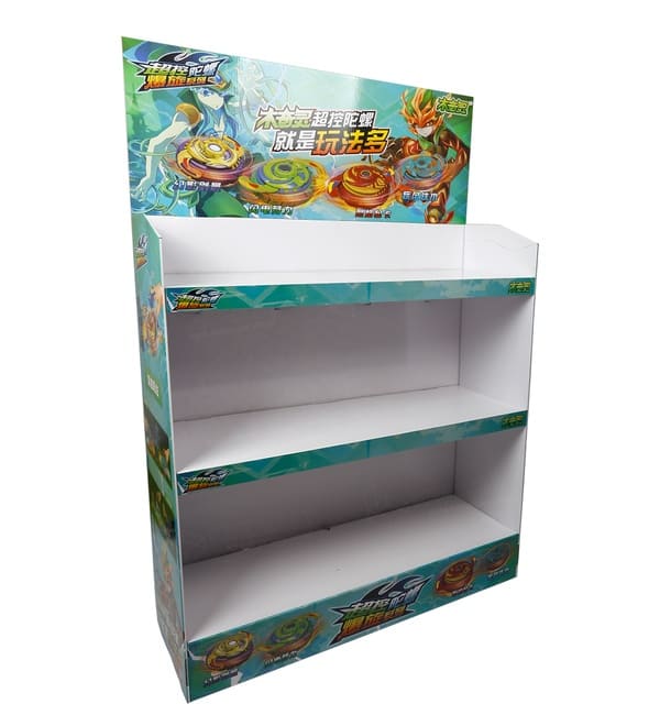 Боковой и передний профиль напольной витрины из гофрированного картона, демонстрирующие высококачественную печать символов и глубину полок.