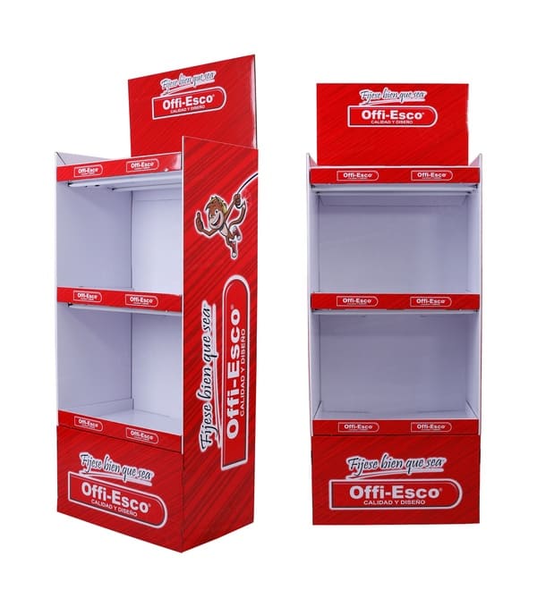 Front and side view of a red corrugated cardboard floor display showing the branded mascot and tiered shelving for office products.