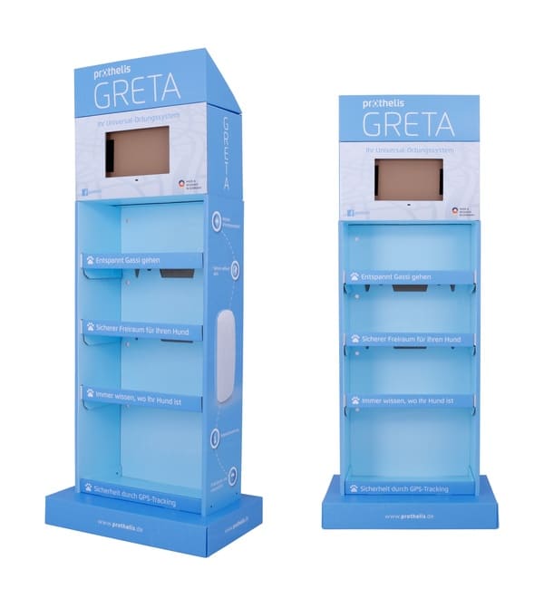 Вид спереди и сбоку на синий напольный стенд из гофрированного картона, демонстрирующий узкий профиль и четыре яруса для размещения товаров в розничной торговле.