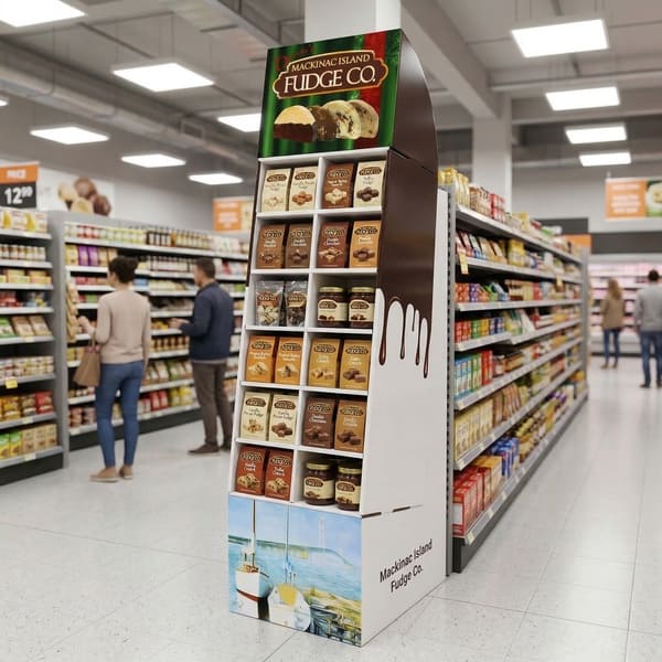 Ein Wellpapp-Verkaufsständer, der vollständig mit Fudge-Gläsern und -Tüten gefüllt ist, ist als Endkappendisplay in einem Supermarktgang aufgestellt.