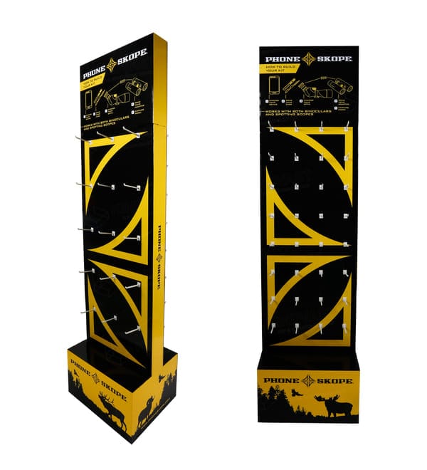 黄色瓦楞纸落地支架的侧面轮廓，显示了Phone Skope零售商品的深度和品牌标志。.