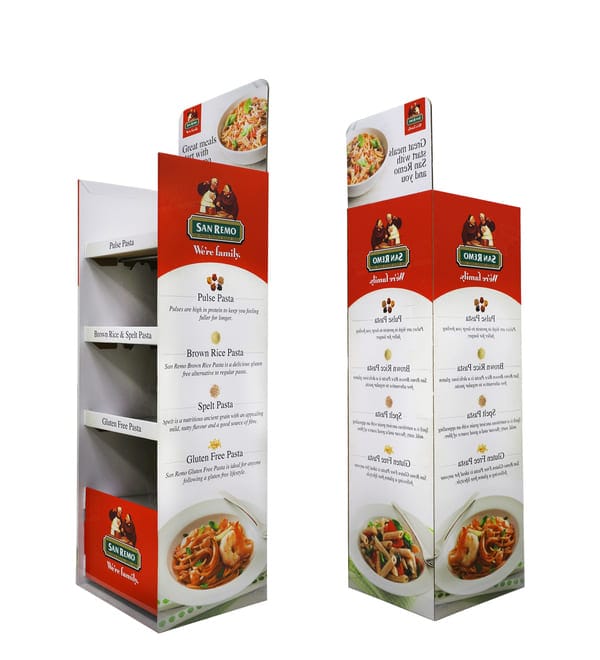 صورة جانبية لحامل عرض أرضي مموج مخصص للبيع بالتجزئة، يعرض أوصاف المنتجات التعليمية لأنواع مختلفة من المعكرونة.