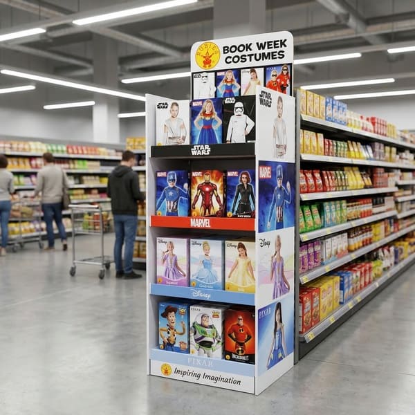 小売店の通路の端に置かれた、在庫が満載の 4 段の衣装用段ボール ディスプレイの 3D スーパーマーケット レンダリング。.