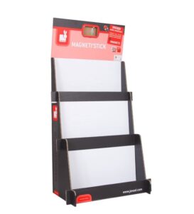 Présentoir à trois niveaux en carton imprimé personnalisé noir et rouge pour boîtes de jouets éducatifs.