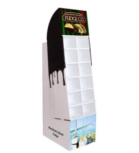 A custom printed cardboard display for Mackinac Island Fudge Co featuring a 6-tier 12-compartment layout for retail candy sales.