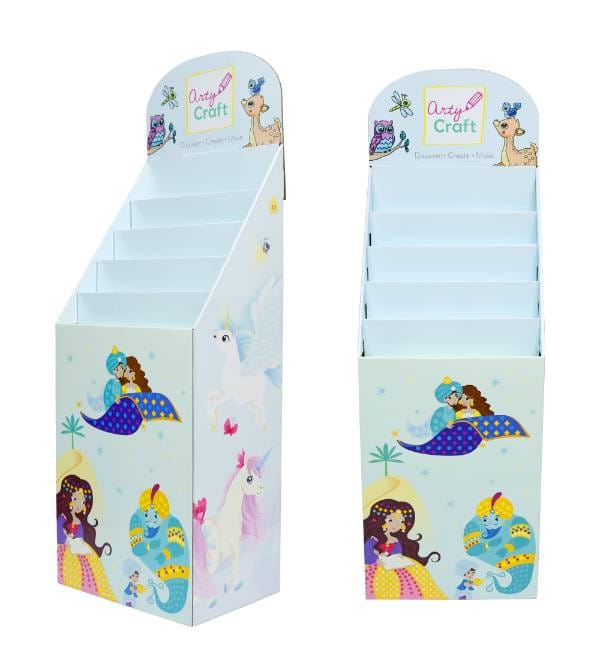 Боковой вид изготовленной на заказ картонной витрины с ступенчатой ​​конструкцией полок и изображением единорога.