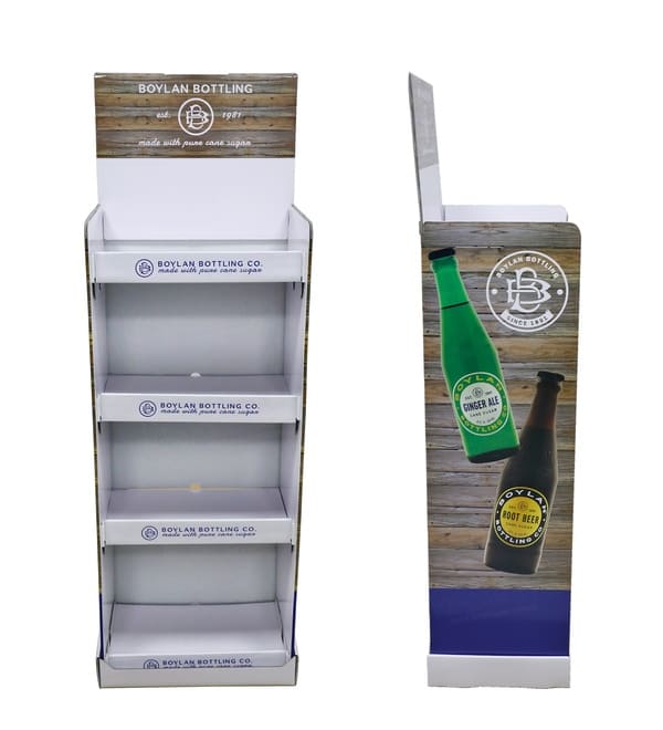 销售点纸板展示架的背面和侧面视图，显示了结构折叠和稳定的底座设计。.