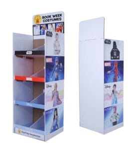 A 4-tier custom printed cardboard display for Book Week costumes featuring Star Wars and Marvel branding on the side panels.