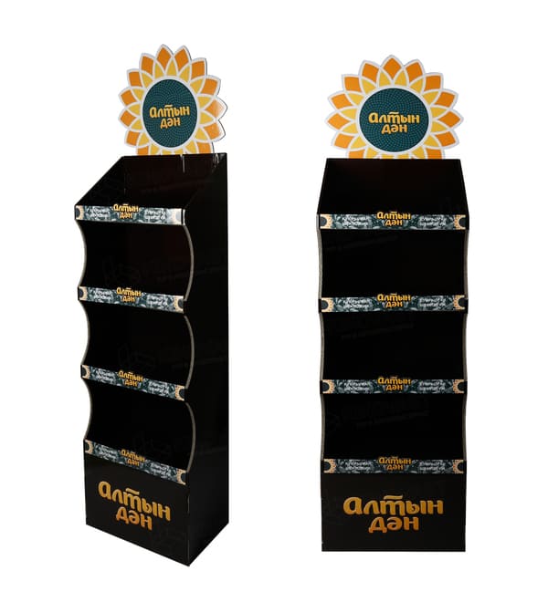 Боковой и передний профиль специально разработанного для размещения в торговых точках рекламного стенда для пакетов со снеками.