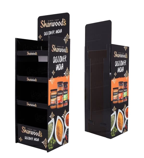 从背面看，定制印刷的 POP 展示架展示了其结构完整性和侧面板营销，适用于食品零售。.