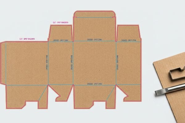原生牛皮瓦楞纸板模切线模板，带有切割 - 局部品红色线和折痕 - 局部青色线，显示盒子布局和工具，如钢尺模具。.