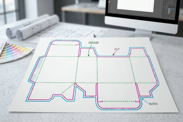Box packaging dieline with Crease, Cut, and Bleed marks, on a design desk with blueprints and color swatches.