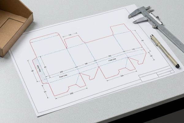A technical dieline blueprint for a corrugated cardboard box is laid out on a gray desk, detailing red cut lines, blue Fold Lines, and precise dimensions. A silver caliper and gold pen rest beside the drawing, with a brown box partially visible.