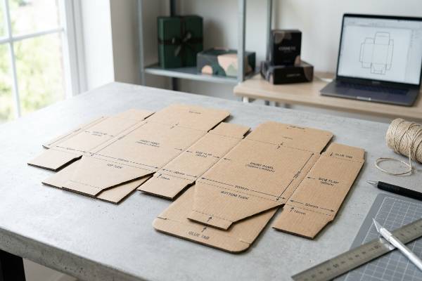 Designing a kraft paper dieline with Front Panel label using a craft knife and ruler, next to a laptop and Cosmic boxes.