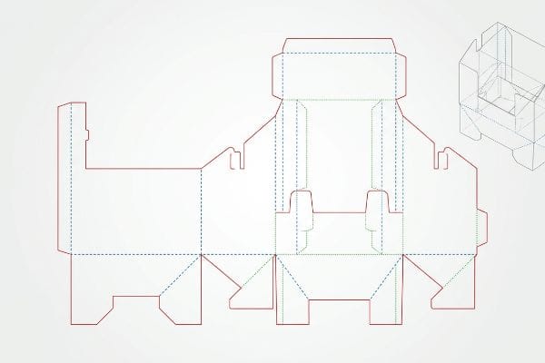 展示包装的 CAD 模切线模板，带有红色切割线、蓝色折叠线和淡淡的等距 3D 盒子渲染图。.