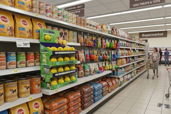 Четырехъярусная витрина из гофрированного картона с игрушками Interball на полке в отделе товаров для животных в супермаркете.