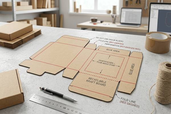 Recyclable Kraft Board boxes and dieline featuring Die-Cut, Fold, Perforation, Glue Area, and design tools.
