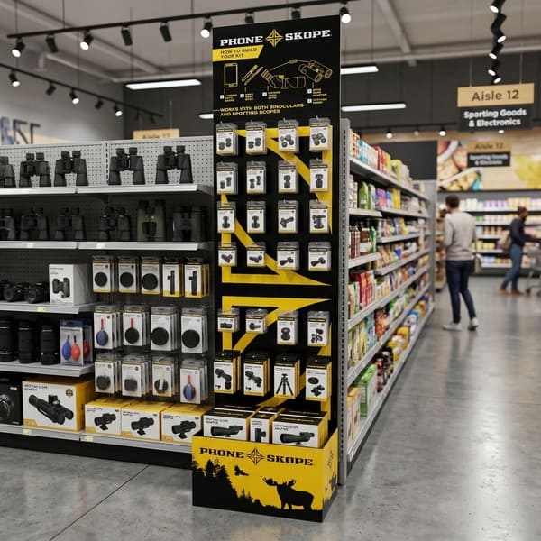 3D零售渲染图，展示了Phone Skope纸板展示架在体育用品货架上摆满了产品。.
