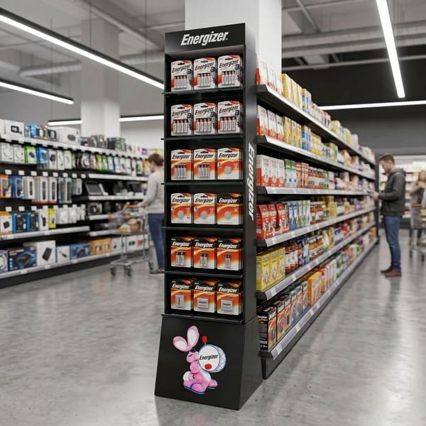 3D-визуализация супермаркета, демонстрирующая картонную витрину с батарейными блоками в конце торгового ряда.