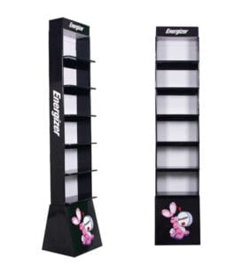 এনার্জাইজার ব্যাটারির জন্য একটি লম্বা কাস্টম কালো কার্ডবোর্ড ডিসপ্লে স্ট্যান্ড যাতে ছয়টি স্তর এবং একটি ব্র্যান্ডেড বেস রয়েছে।.