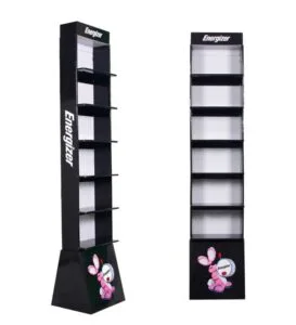 6 段とブランド ベースを備えた、Energizer バッテリー用の高さのあるカスタム黒段ボール製ディスプレイ スタンドです。.