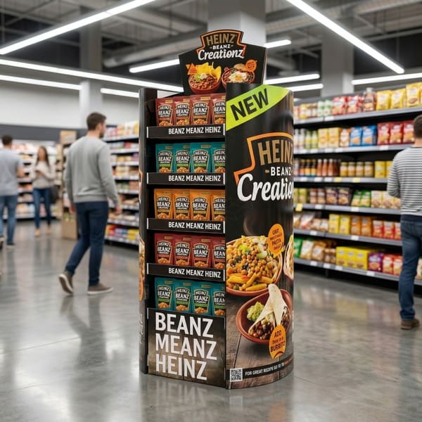 专业可视化定制印刷纸板 FSDU，展示超市环境中食品品牌的零售商品。.