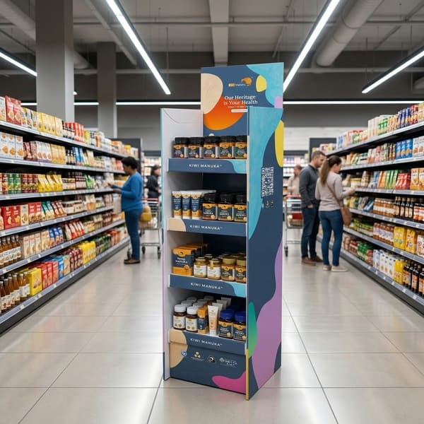 逼真的超市渲染图，展示了人流量大的食品零售环境中，纸板展示架上摆满了蜂蜜罐和盒子。.