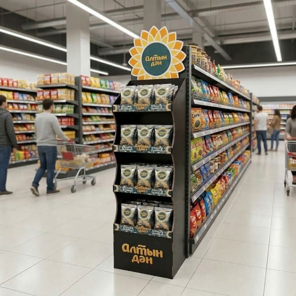 3D-визуализация витрины из гофрированного картона с пакетиками с семечками подсолнечника в проходе супермаркета.