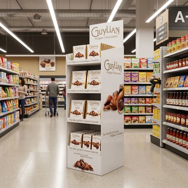 3D 超市渲染图，展示了摆放在人流量大的食品杂货通道中的 Guylian 纸板展示架。.