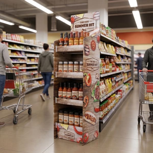 人通りの多い食料品売り場に、ホットソースのボトルやスパイスの瓶が並べられた段ボールの陳列を描いた店内レンダリング。.