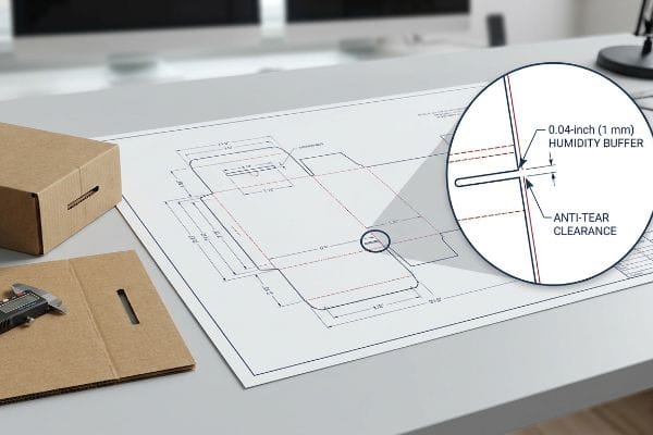 A magnified dieline detail highlights 0.04-inch (1 mm) Humidity Buffer and Anti-Tear Clearance on a cardboard box blueprint, beside a caliper.