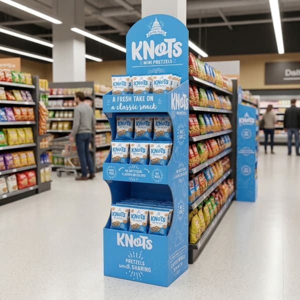 Трехмерное изображение синей картонной витрины KNOTS, полностью заполненной пакетами с крендельками, в продуктовом отделе супермаркета.