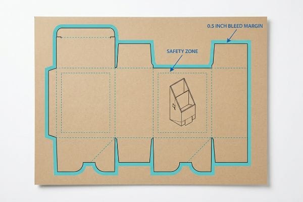 Kraft paper dieline template for a display box, showing a 0.5 inch bleed margin, safety zone, and isometric box.