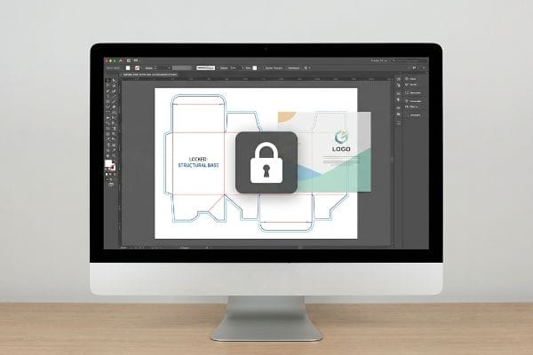 iMac screen shows a 'Locked Structural Base' dieline with a padlock icon, illustrating secure packaging design and the Web Tool PDF Anchor Rule.