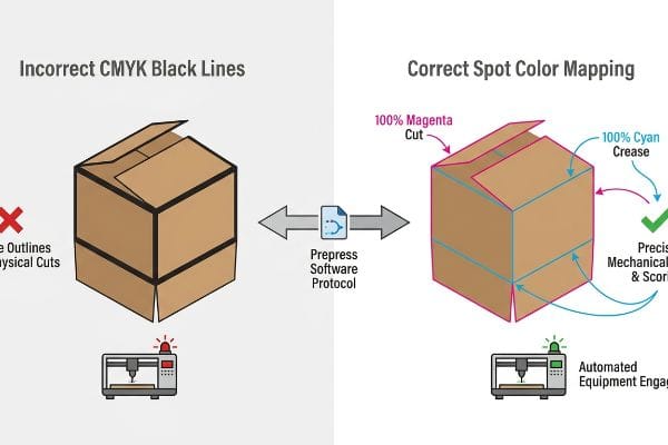 Cardboard box diagrams compare incorrect CMYK black lines to correct spot color mapping, showing 100% Magenta Cut and 100% Cyan Crease for automated equipment via Prepress Software Protocol.
