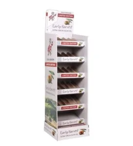 Custom printed 6-shelf cardboard display for Moro Early Harvest olive oil featuring white branding and olive grove graphics.