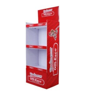 A 3-tier custom printed red cardboard display stand featuring Offi-Esco branding for retail stationery merchandising.
