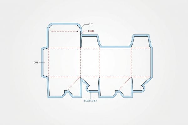 Packaging box dieline template featuring a light blue outline, red dashed fold lines, red solid cut lines, and labels for 