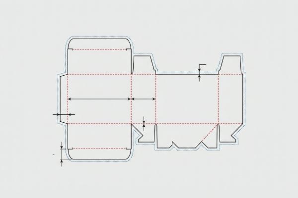 Gabarit de découpe pour boîte d'emballage, noir, rouge, pointillé, bleu