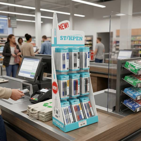 pens cardboard display supermarket checkout