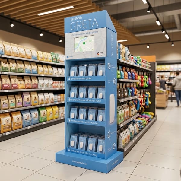 Трехмерное изображение синей картонной витрины, полностью заполненной GPS-трекерами для домашних животных, в отделе товаров для животных супермаркета.
