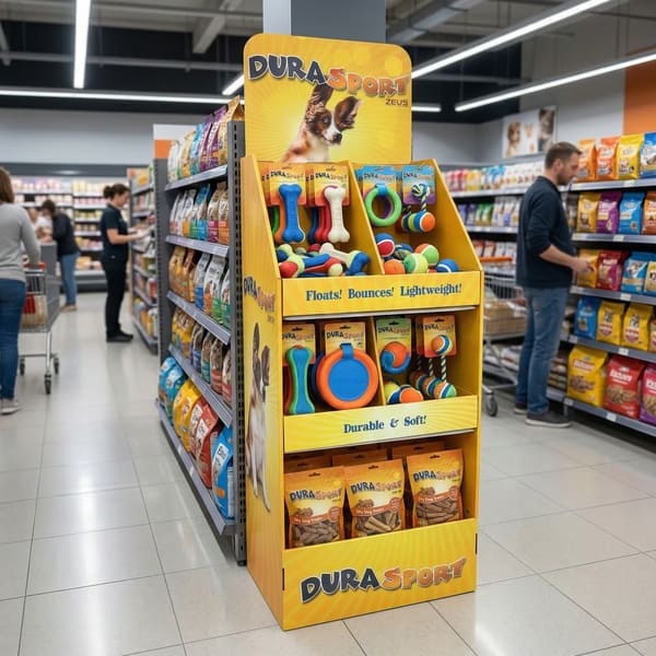 スーパーマーケットの通路に並べられた、Dura Sport のおもちゃが入った黄色い段ボールの陳列の小売用レンダリング。.