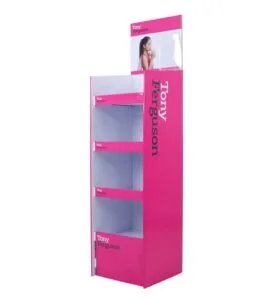 健康とウェルネスの小売製品向けに設計された 4 段のカスタム ピンク段ボール ディスプレイ。.