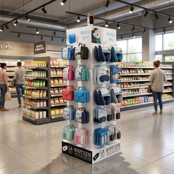 A fully stocked 4-sided travel accessory cardboard display placed in a supermarket aisle to increase point of purchase sales.