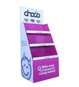 A 3-tier custom printed purple cardboard display for chocolate and candy products featuring the Choco brand.